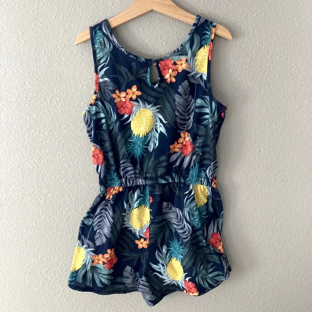 Old Navy Sleeveless Jersey Pajama Romper - Tropical Palm Leaves - Navy Medium 8